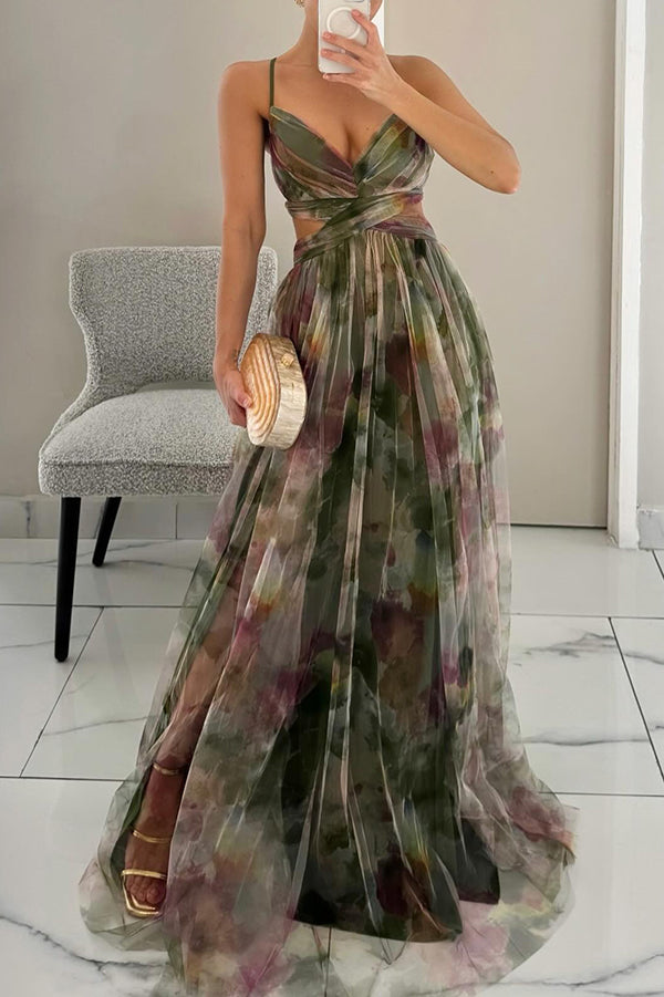 Vestido maxi Celeste para mulheres | Vestido de chiffon arejado com estampa floral e alças ajustáveis