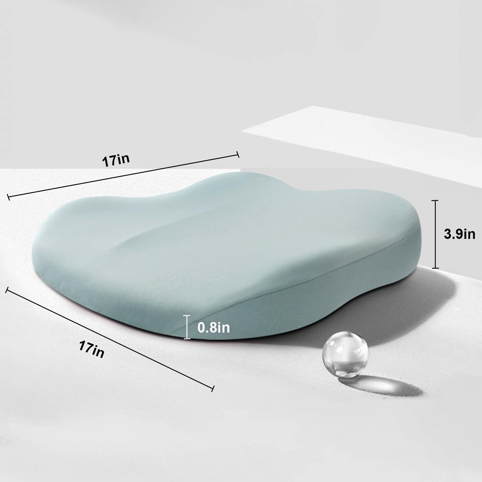 Ergonomisk sædehynde i lyseblå med dimensioner 17x17x0,8 tommer, designet til komfort og støtte. Perfekt til kontorstole og langvarig brug.