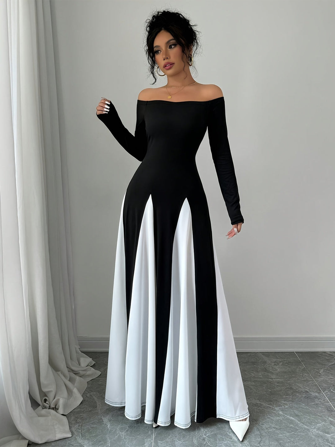 Μελωδία φόρεμα με ανοιχτούς ώμους | μακριά μανίκια & μαγευτική κομψότητα