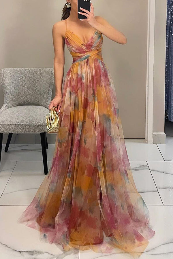 Vestido maxi Celeste para mulheres | Vestido de chiffon arejado com estampa floral e alças ajustáveis