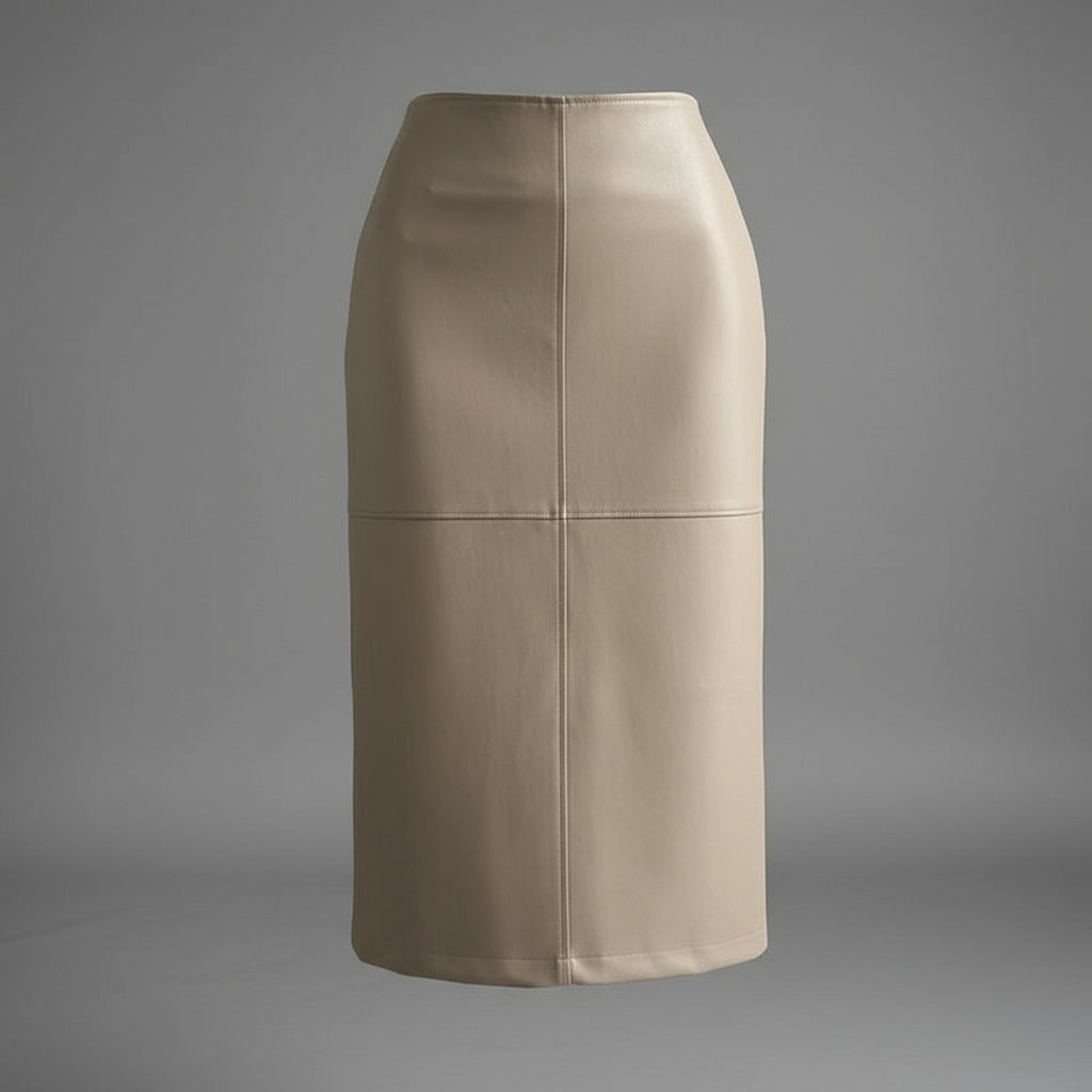 Beige lædernederdel til kvinder, knælængde, minimalistisk design, høj talje, elegant og stilfuld, perfekt til modebevidste kvinder.