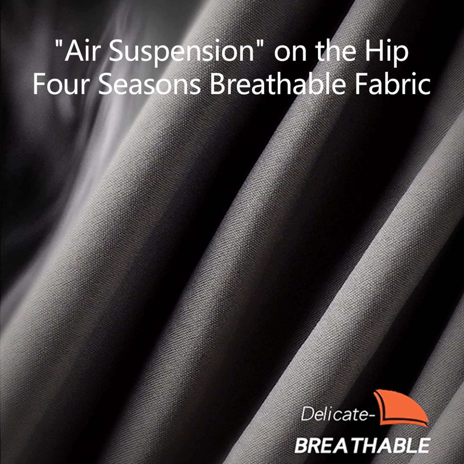 Stof med "Air Suspension" teknologi, fire-sæsoners åndbart materiale, Delicate-Breathable, tæt på tekstur, grå nuancer, høj kvalitet.