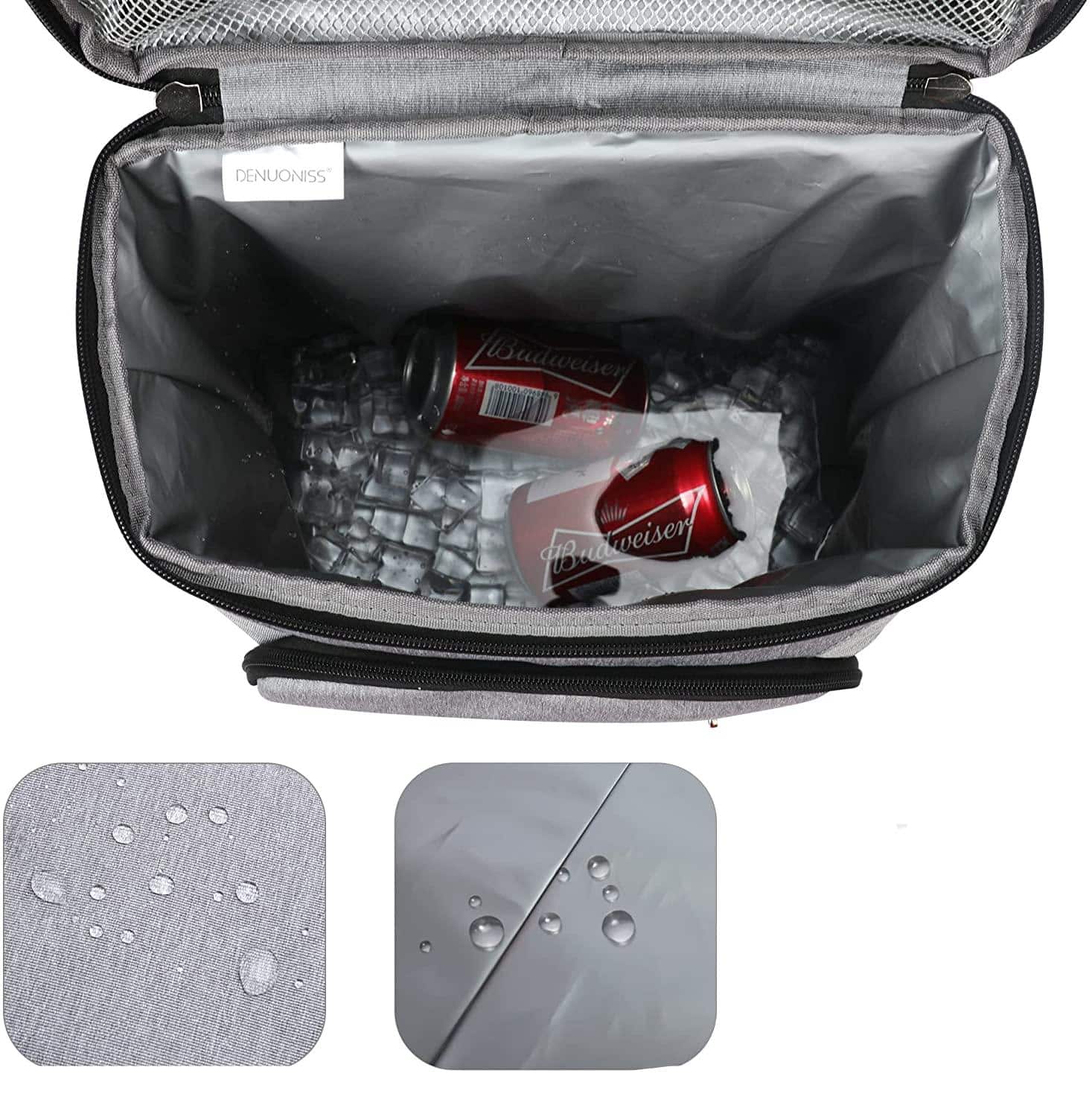 Åben køletaske med to Budweiser-dåser og isterninger. Vandafvisende materiale vises i nærbilleder. Perfekt til picnic og udendørs aktiviteter.