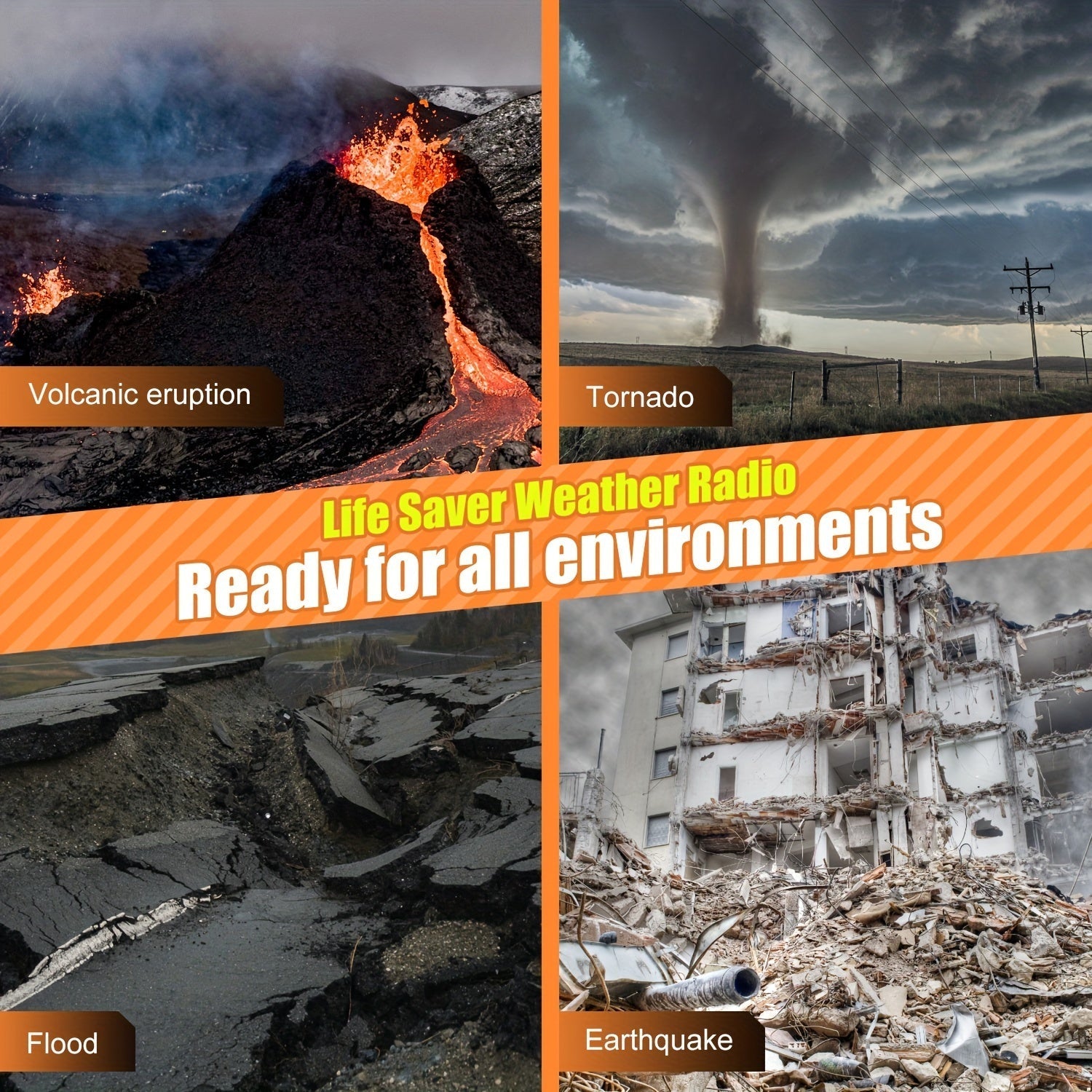 Fire vejrkatastrofer: vulkanudbrud, tornado, oversvømmelse, jordskælv. Livredder vejr-radio klar til alle miljøer.