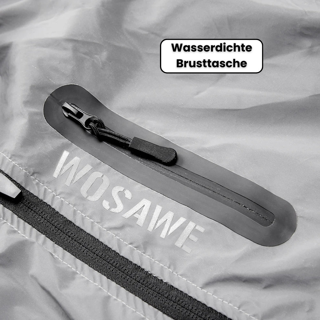 Grå WOSAWE jakke med vandtæt brystlomme, lynlåsdetalje og tysk tekst. Ideel til cykling og udendørs aktiviteter.
