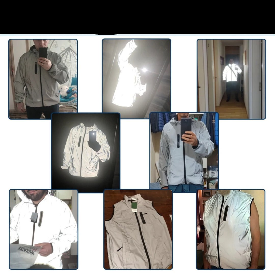 Mand iført reflekterende jakke i forskellige vinkler. Høj synlighed, sikkerhedstøj, udendørs brug. Perfekt til cykling og løb i mørke.