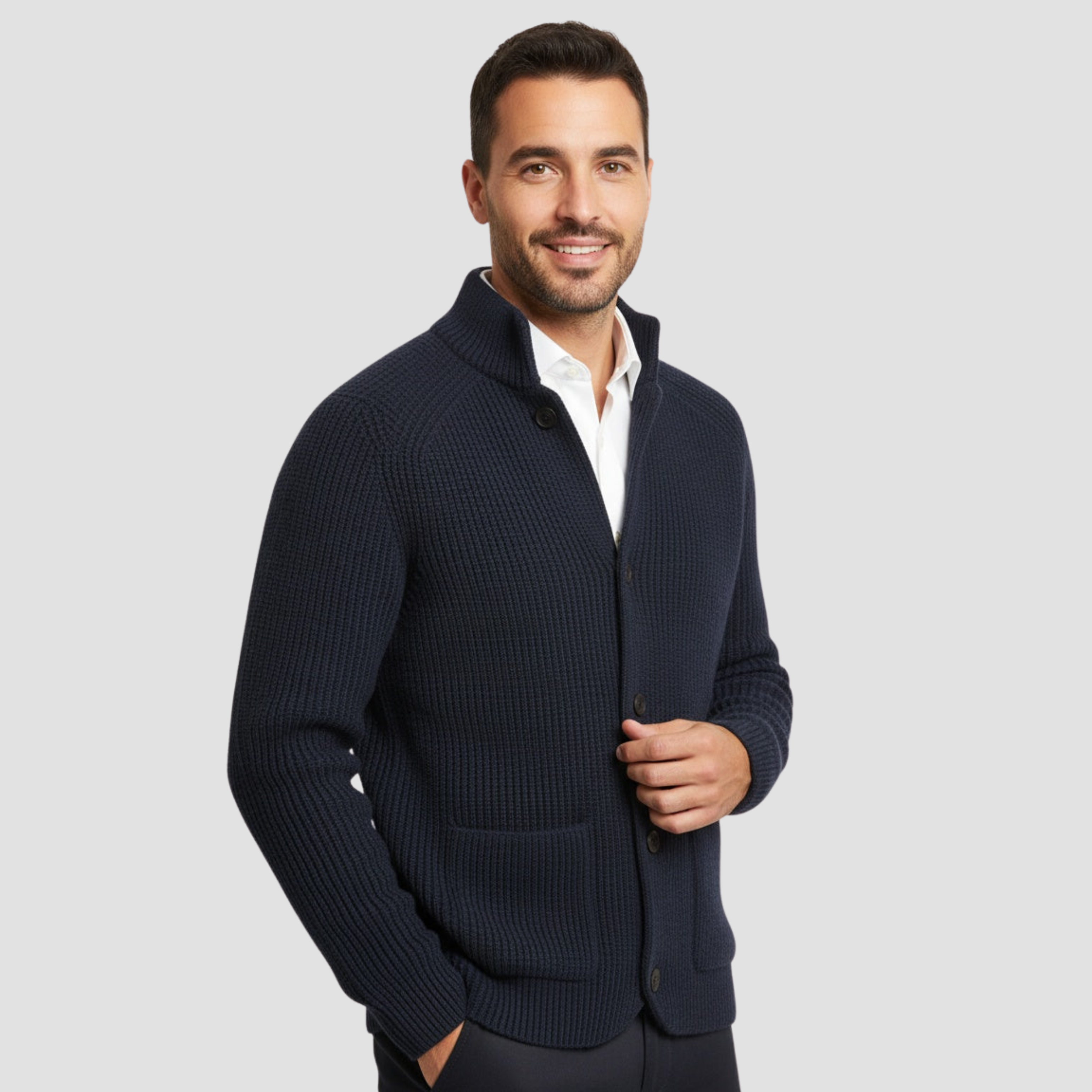 Cardigan tricotat pentru bărbați cu fermoar și guler înalt elegant