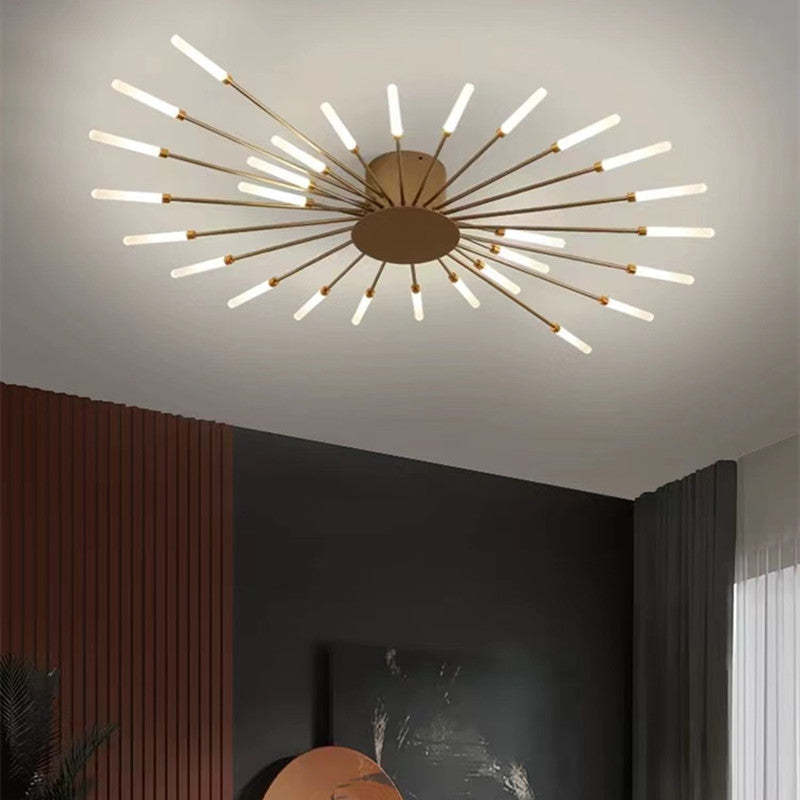 Moderne loftlampe i stjernedesign med LED-lys, gylden finish. Perfekt til stueindretning, skaber elegant og stilfuld belysning.