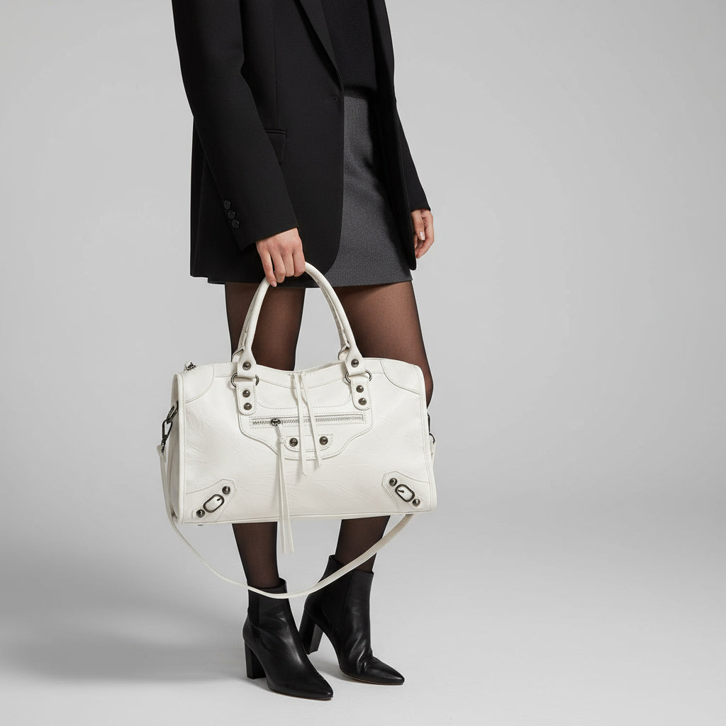 Dame med hvid designerhåndtaske, iført sort blazer og nederdel. Stilfuldt tilbehør, mode, luksus, kvindetøj, moderne stil.