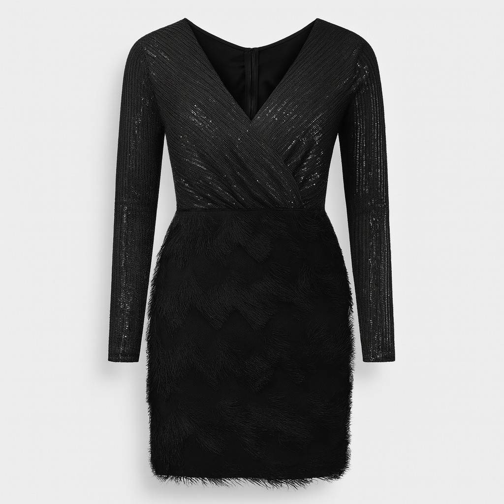 Black sequin evening dress with feather hem and long sleeves