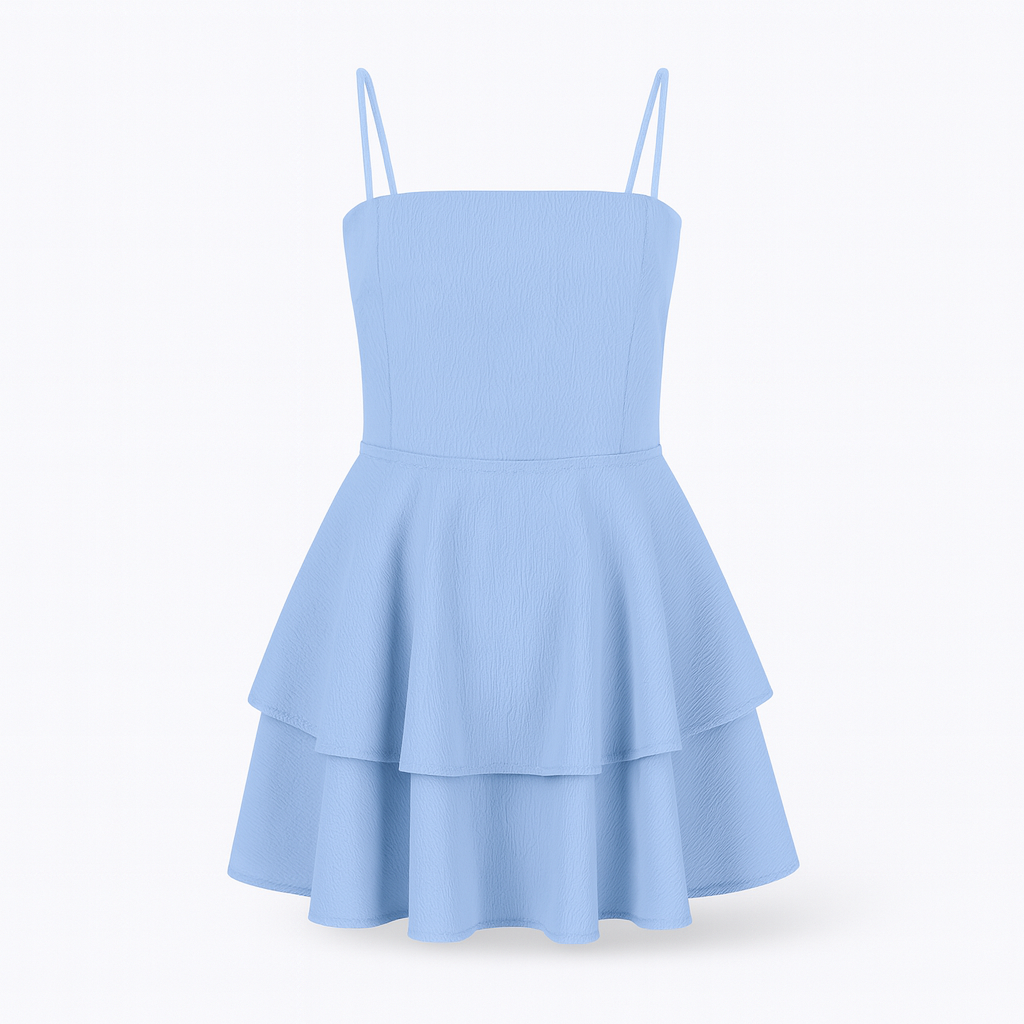 Blue mini dress with overlapping ruffles, spaghetti straps and airy cut