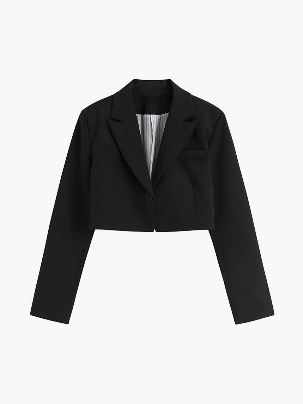 Sort cropped blazer til kvinder med lange ærmer og klassisk revers. Stilfuldt design, perfekt til modebevidste outfits. Ideel til både formelle og casual lejligheder.