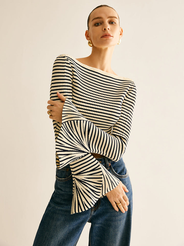 Isalie | Elegant žebrovaný top s odhalenými rameny a průhlednými rukávy | Elegantní & moderní