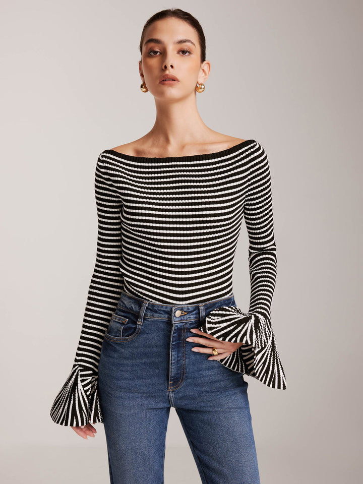 Isalie | Elegant žebrovaný top s odhalenými rameny a průhlednými rukávy | Elegantní & moderní