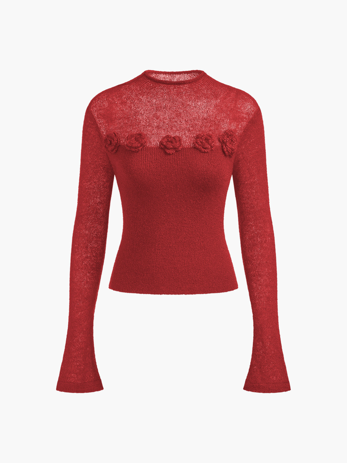 Rød striktrøje med lange ærmer og blomsterdetaljer, elegant design, perfekt til efterårsmode. Blød og stilfuld sweater til kvinder.