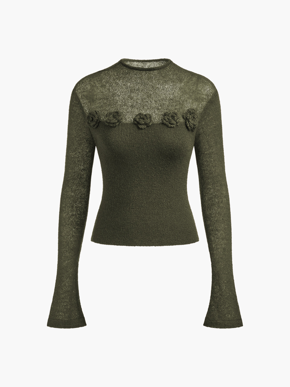 Grøn striktrøje med lange ærmer og blomsterdetaljer på brystet. Moderne design, perfekt til efterårsmode. Komfortabel og stilfuld beklædning.