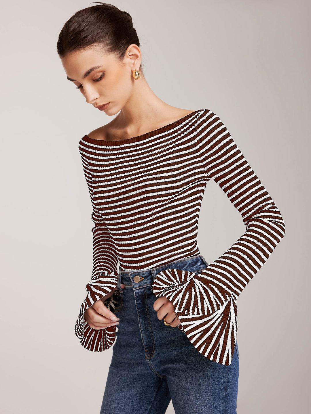 Isalie | Elegant žebrovaný top s odhalenými rameny a průhlednými rukávy | Elegantní & moderní