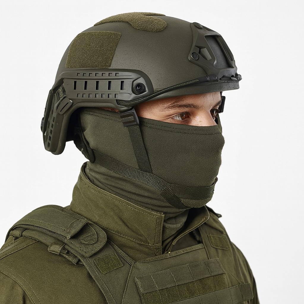 Mand iført militærhjelm og taktisk udstyr, ansigt delvist dækket af maske. Moderne beskyttelsesudstyr, sikkerhed, militæruniform.