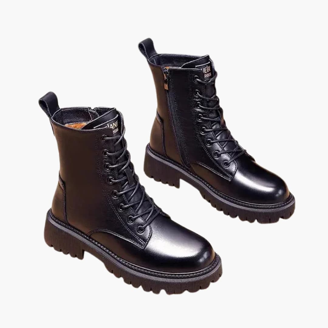 Sort læderstøvler med snørebånd og lynlås, robust sål, moderne design. Perfekt til efterår og vintermode. Unisex støvler til hverdagsbrug.