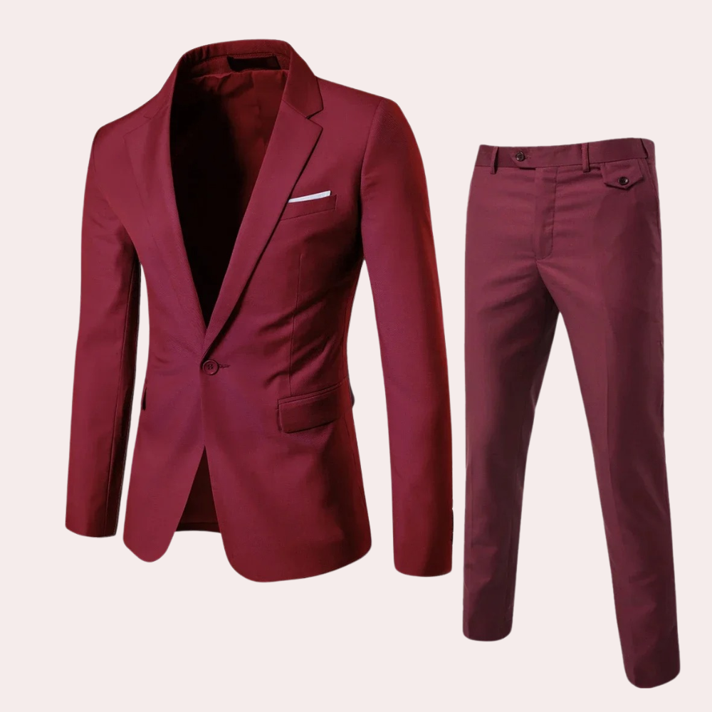 Bordeaux jakkesæt til mænd, bestående af en elegant blazer og matchende bukser. Perfekt til formelle begivenheder og stilfulde outfits.