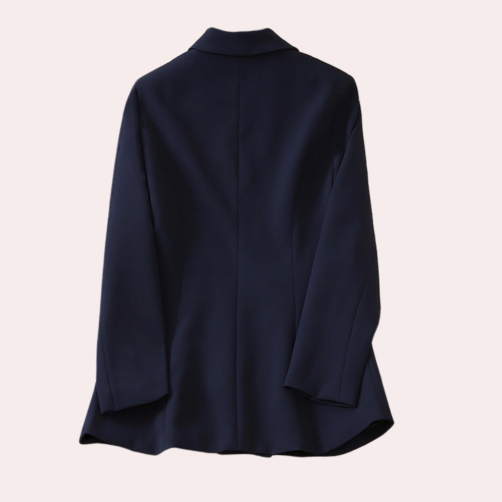 Mørkeblå blazerjakke til kvinder, set bagfra. Elegant design, velegnet til forretningsbrug. Perfekt til stilfulde og professionelle outfits.