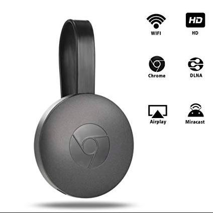 Sort Chromecast-enhed med logo, understøtter WiFi, HD, Chrome, DLNA, Airplay og Miracast. Streamer digitalt indhold til TV.