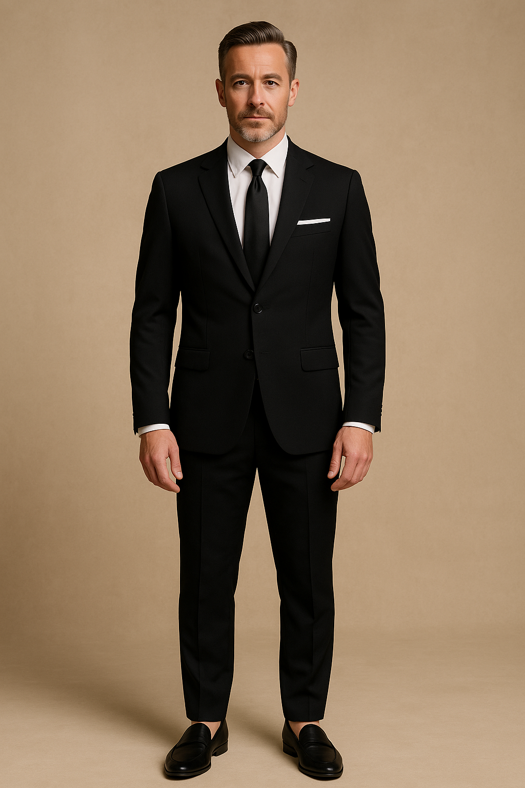 Mand i sort jakkesæt med hvid skjorte og sort slips, står mod beige baggrund. Elegant herremode, klassisk business look, formelt tøj.