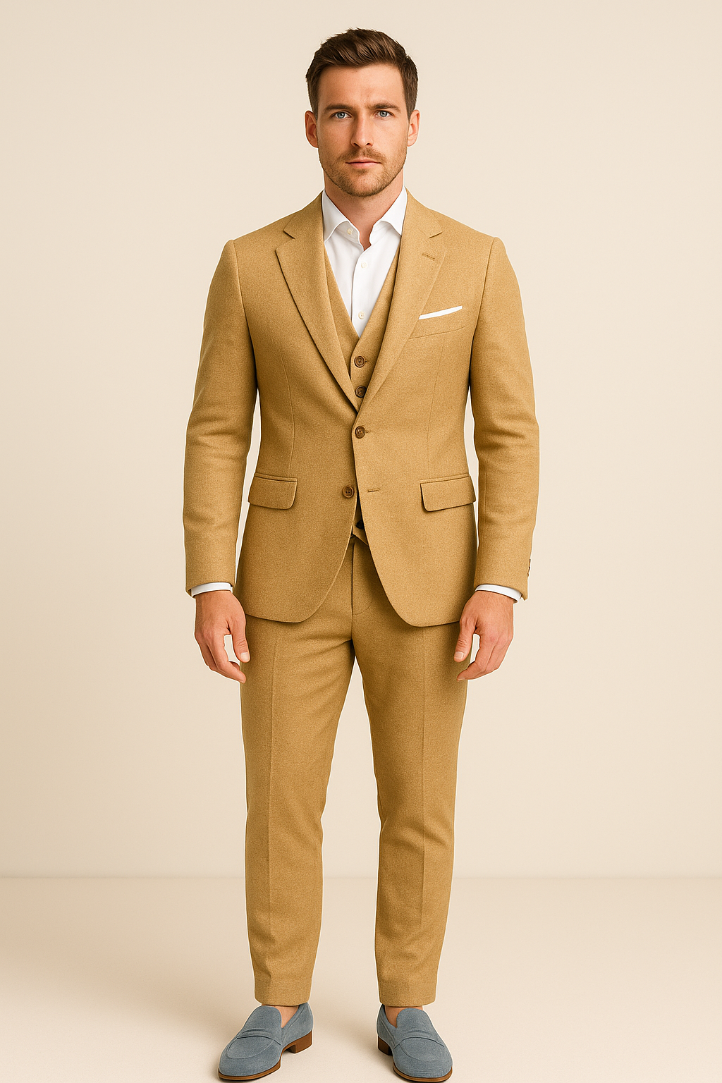 Elegant mand i beige jakkesæt med hvid skjorte og blå loafers, står mod neutral baggrund. Moderne herremode, stilfuldt jakkesæt, klassisk look.