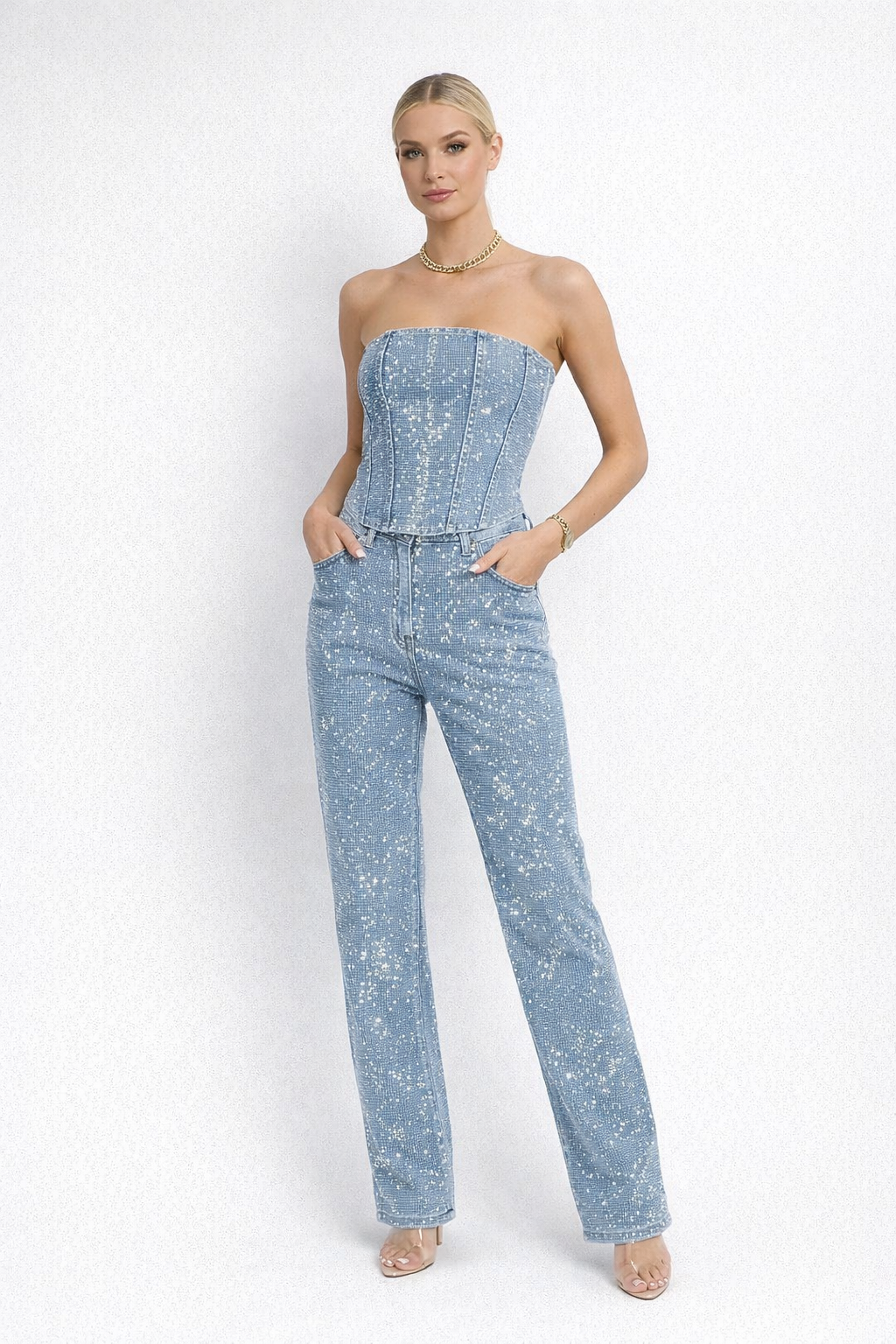 Shimmering strapless one-piece suit for women with wide legs and elegant cut