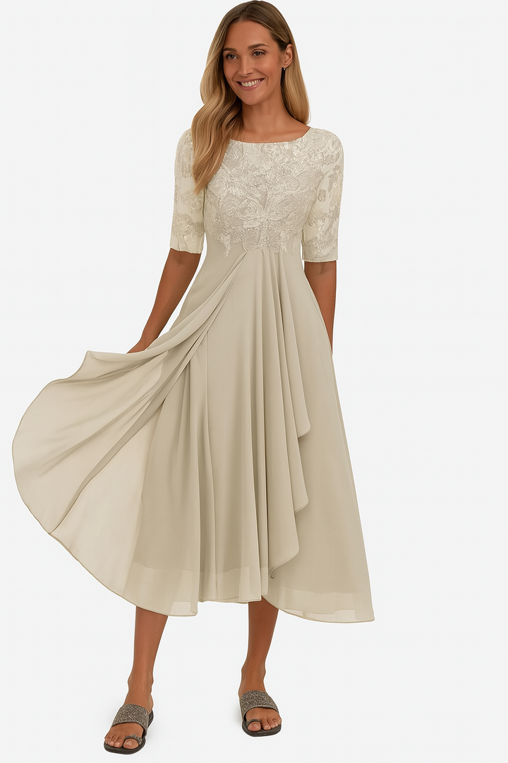 Elegant Dame Festkjole | Knælang A-Linje Kjole Blonder & Chiffon Halværme