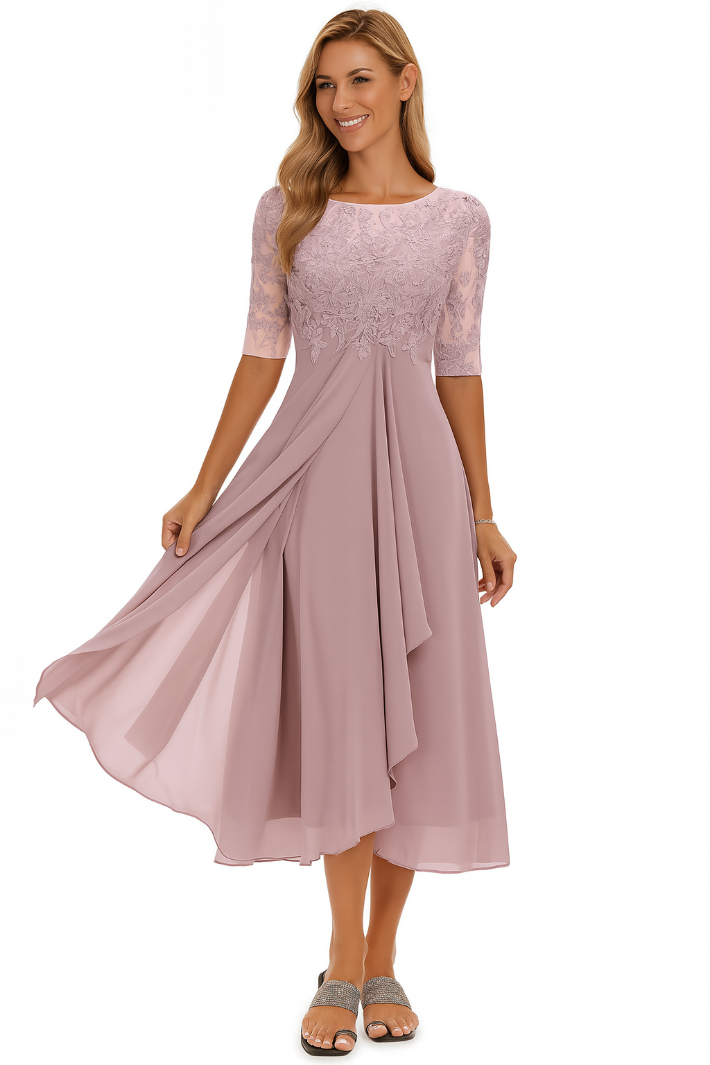 Elegant Dame Festkjole | Knælang A-Linje Kjole Blonder & Chiffon Halværme