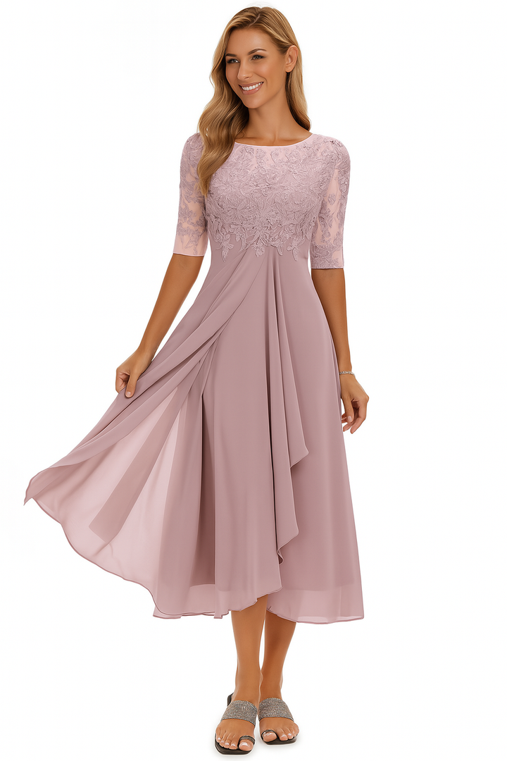 Elegant Dame Festkjole | Knælang A-Linje Kjole Blonder & Chiffon Halværme