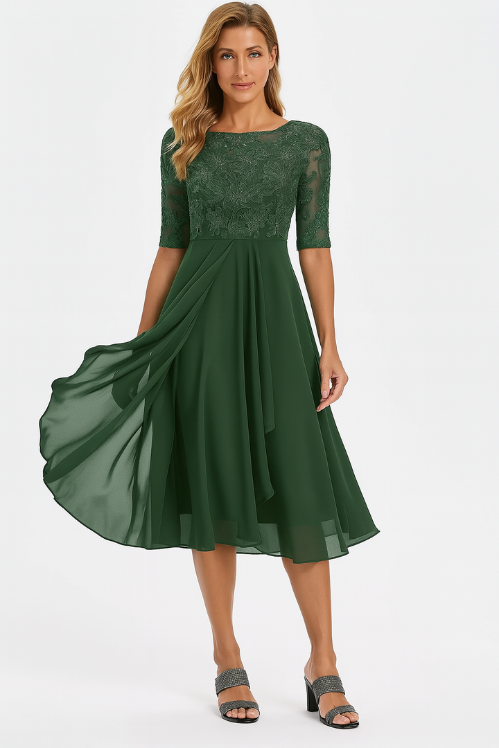Elegant Dame Festkjole | Knælang A-Linje Kjole Blonder & Chiffon Halværme