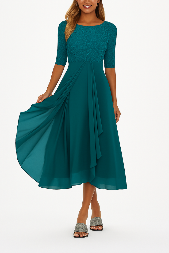 Elegant Dame Festkjole | Knælang A-Linje Kjole Blonder & Chiffon Halværme