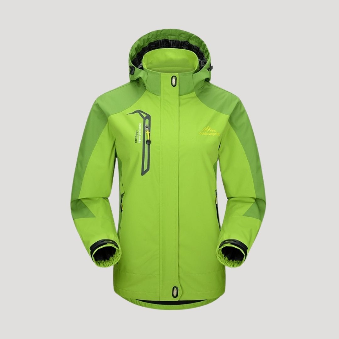Grøn vandtæt jakke med hætte, lynlåslommer og justerbare manchetter. Ideel til udendørsaktiviteter og friluftsliv. Unisex design.