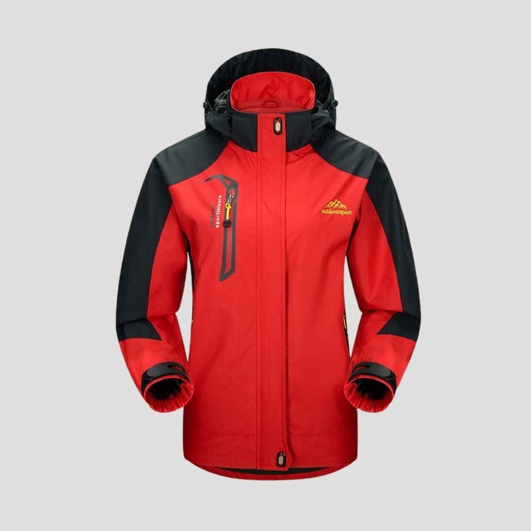 Rød og sort vandtæt jakke til kvinder med hætte, lynlåslommer og justerbare manchetter. Perfekt til udendørs aktiviteter og vandreture.
