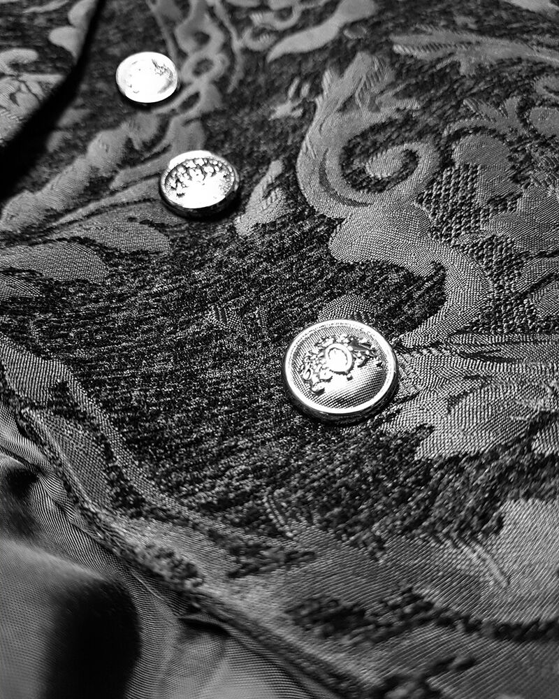 Sort brokadejakke med sølvknapper, detaljeret mønster. Elegant herretøj, vintage stil, luksuriøst design. Perfekt til formelle begivenheder.