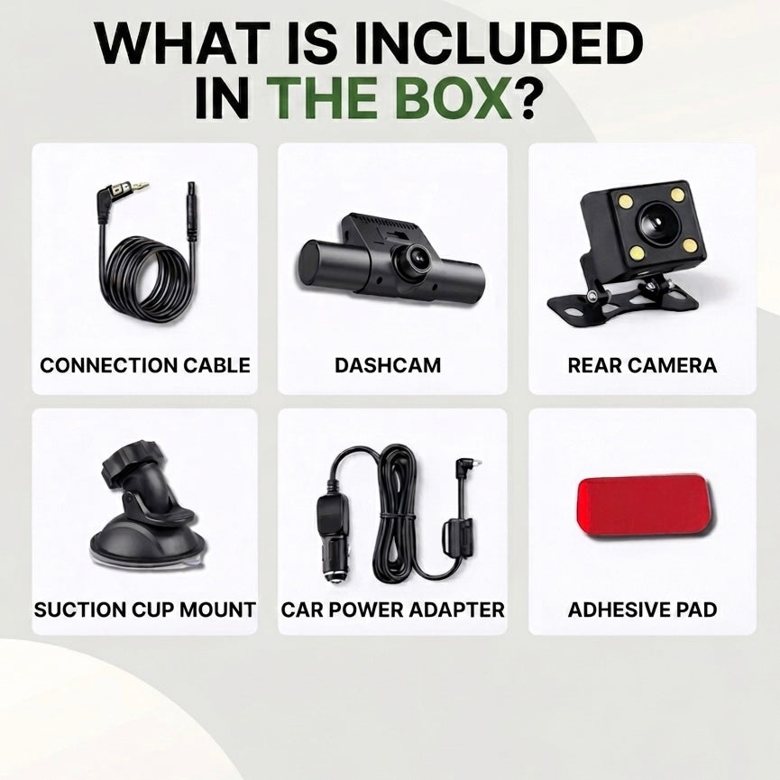 3-Camera Dashcam | 1080P HD | Front, Rear & Interior | Smart Parking Mode | Night Vision