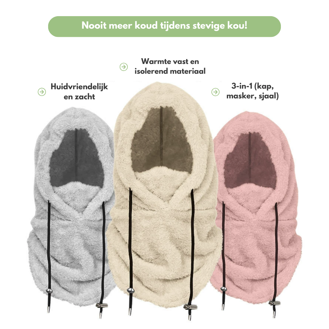 Tre fleece hætter i grå, beige og lyserød med justerbare snore. Multifunktionel 3-i-1 design: hætte, maske, og tørklæde. Varmt og hudvenligt materiale.