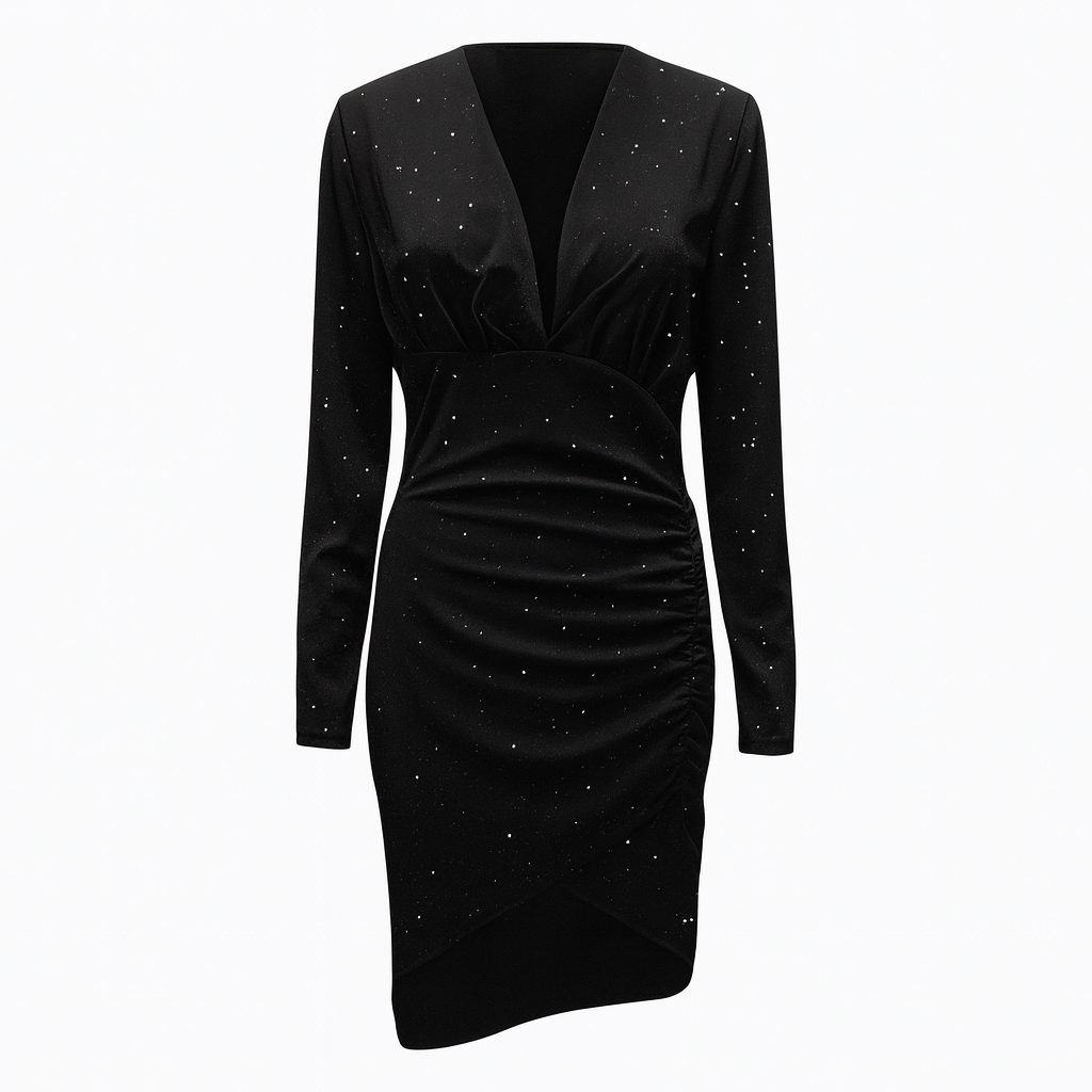 Black glitter dress | Long sleeves and asymmetrical hem