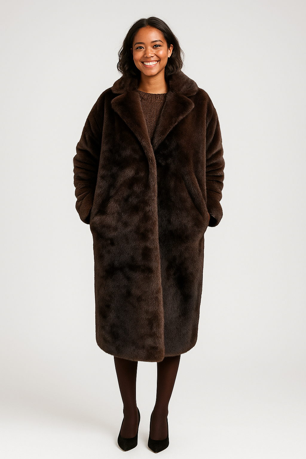 Kvinde iført lang, brun pelsfrakke, smilende, stående mod hvid baggrund. Elegant vintermode, stilfuld overtøj, moderne kvindetøj.