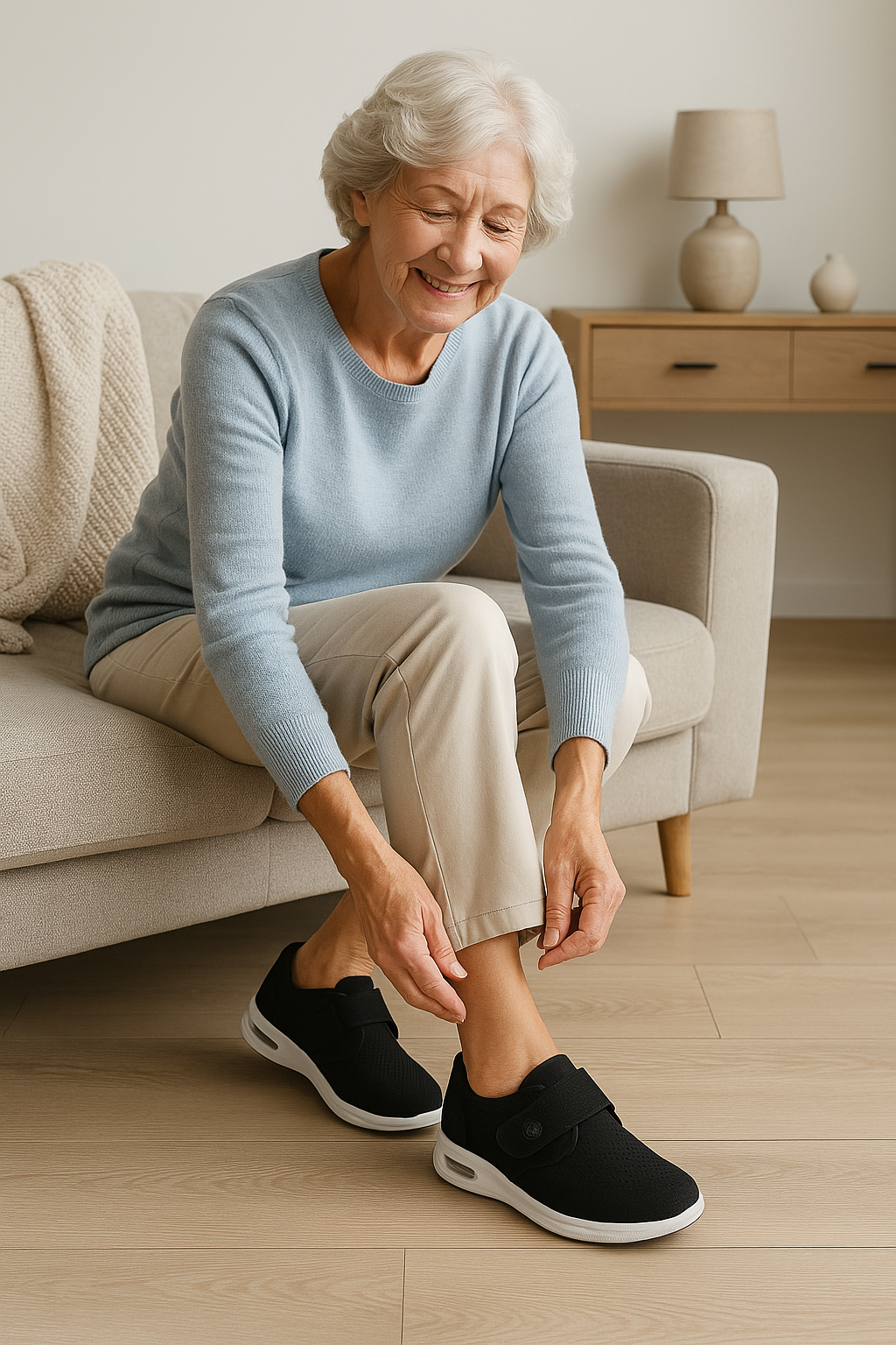 Ældre kvinde iført komfortable, sorte ortopædiske sko sidder på sofa i moderne stue. Senior mode, komfortable sko, ortopædisk fodtøj.