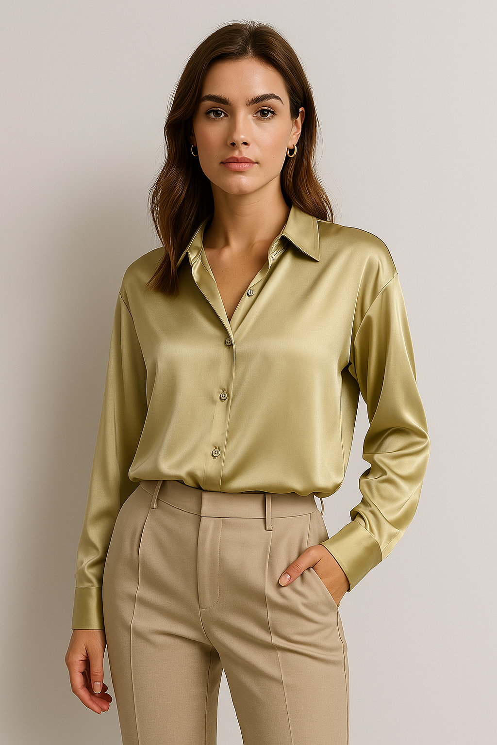 Kvinde iført olivengrøn satinbluse og beige bukser, poserer mod neutral baggrund. Elegant mode, stilfuldt outfit, moderne kvindetøj.