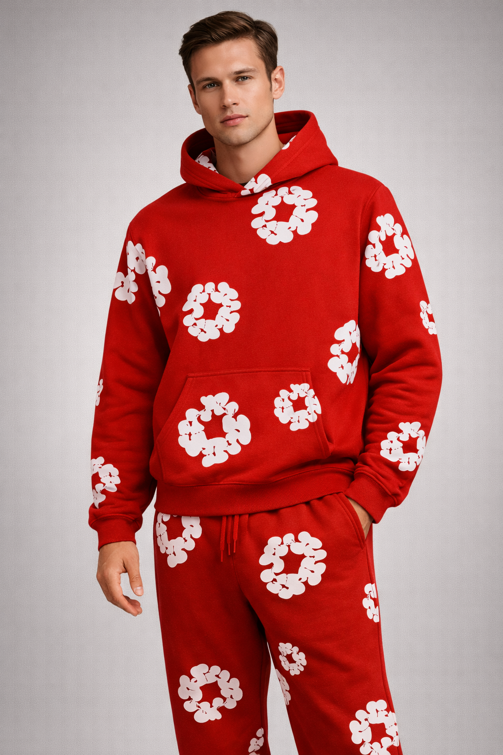 Ung mand iført rød hættetrøje og bukser med hvidt blomstermønster. Moderne streetwear, afslappet stil, trendy herremode, komfortabelt sæt.