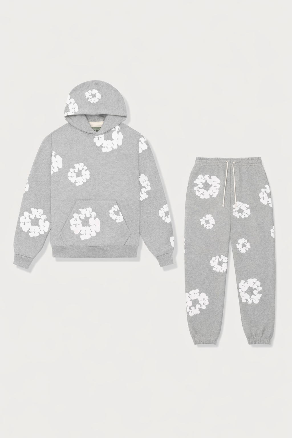 Grå hættetrøje og joggingbukser sæt med hvide blomsterprint, komfortabelt loungewear, moderne design, afslappet stil, unisex tøj.