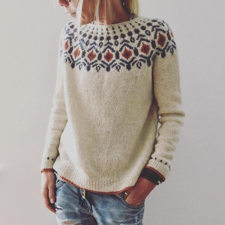Laura Dame Grovstrik Pullover | Sweater med Geometrisk Mønster Varm & Blød