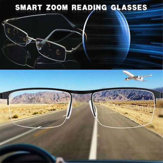 Smart Zoom læsebriller med justerbare linser, der viser en klar vejudsigt og et fly i baggrunden. Innovativ teknologi til skarpere syn.