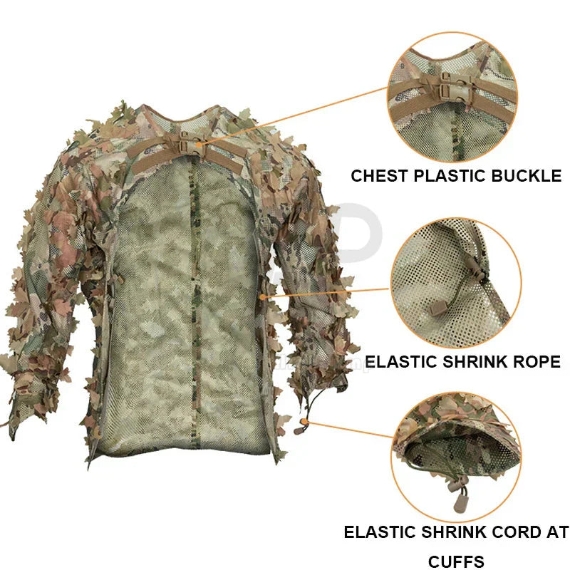 Camouflage jagtjakke med plastspænde på brystet, elastisk snor og manchetter. Ideel til jagt og outdoor aktiviteter. Let og åndbar design.