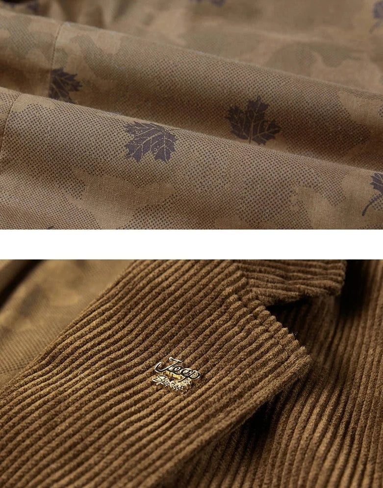 Brun jakke med ribbet tekstur og broderet logo, detaljeret med bladprint. Perfekt til efterårsmode og stilfulde udendørsaktiviteter.