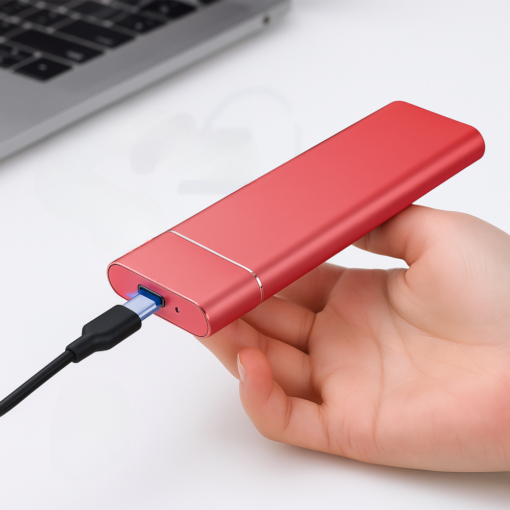 Rød powerbank i hånd, tilsluttet med USB-kabel, ved siden af bærbar computer. Bærbar oplader, mobil strømforsyning, teknologi tilbehør.